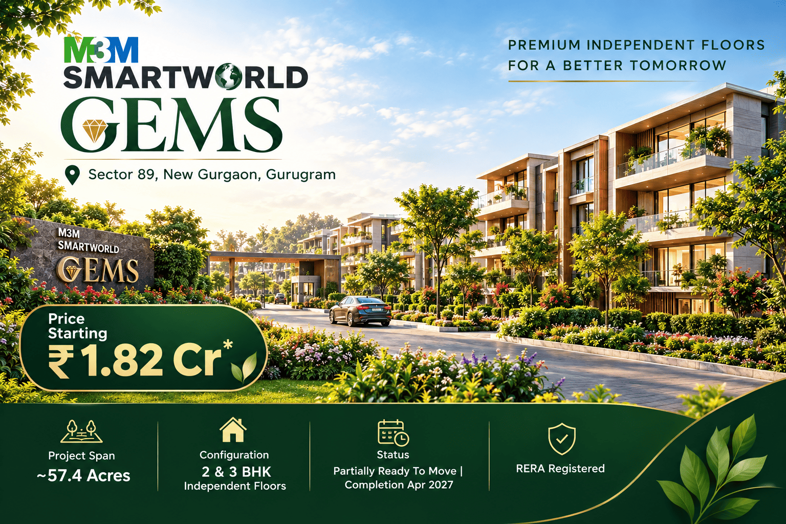 M3M Smartworld Gems - Ready to Move 2 & 3 BHK Independent Floors in Sector 89 Gurgaon